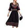 drakloak Abito Ricamo delle Donne Estate Manica Corta Ricamo Abiti Estivi Boho Messicano Ricamo Floreale Abito Contadino Hippie Elegante Abito Lungo（013 Nero XL）