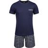 Winovia Pigiama corto da uomo, in cotone, a maniche corte, biancheria da notte con pantaloni a quadri e tasca sul petto, tuta estiva da uomo, regalo, Blu scuro, M