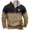 Generisch Giacca in pile da uomo Western Cowboy Bull Head Print Pullover 1/4 cerniera colletto alto a maniche lunghe country felpa vintage maglione invernale harajuku stampa con tasche maglione da