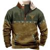 Generisch Giacca in pile da uomo Western Cowboy Bull Head Print Pullover 1/4 cerniera colletto alto a maniche lunghe country felpa vintage maglione invernale harajuku stampa con tasche maglione da