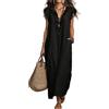 Azruma Vestito Lungo Donna Abito Elegante Donna Abito Lungo Cotone Monocolore Collo Flying Sleeve Vestito Midi Oscillante Spiaggia Boho Festa Vita Alta per Vacanze Estivo