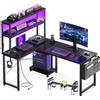 Coleshome Scrivania da Gioco Angolare Reversibile, Striscia Luminosa RGB, Ciabatta con Porte USB, Ripiano Doppio Regolabile, Supporto CPU e Gancio Cuffie, 110x80cm, Nero