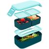 Bugucat Lunch Box 1300ML, 2 Strati Porta Pranzo con 3 Scomparti, Contenitore Pranzo Impilabile Porta Portapranzo da Ufficio, Bento Box con Forchetta e Cucchiaio Microonde Sicuro,Blu