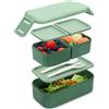 Bugucat Lunch Box 1300ML, 2 Strati Porta Pranzo con 3 Scomparti, Contenitore Pranzo Impilabile Porta Portapranzo da Ufficio, Bento Box con Forchetta e Cucchiaio Microonde Sicuro,Verde
