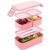 Bugucat Lunch Box 1300ML, 2 Strati Porta Pranzo con 3 Scomparti, Contenitore Pranzo Impilabile Porta Portapranzo da Ufficio, Bento Box con Forchetta e Cucchiaio Microonde Sicuro,Rosa