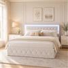 BRILVERDE Letto imbottito 160x200 cm con Contenitore idraulico, Letto matrimoniale a LED, Funzionale con testiera, Struttura letto con rete a doghe, Velluto (Beige, 160 x 200 cm)