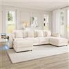 Trdlpyn Divano Angolare a forma di U con 2 Sgabelli Mobili, illuminazione a LED e Tavolino Laterale Pieghevole con Bracciolo, Divano Modulare in Ciniglia con 6 Cuscini, Beige
