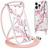 Knrlqim Cordino Cover per Apple iPhone 14 Pro Max 6,7, Aesthetic Stampa Rosa Motivo Magnetica Trasparente PC Compatibile con MagSafe Case Corda Laccio Antiurto Anticaduta Protettiva Custodia, Rosa