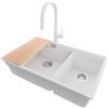 PRIMAGRAN Lavandino sottotop al Mobile 80cm + Rubinetto, 76x47cm | Set: Rubinetto BW9010 + Kit di scarico + Tagliere + Lavello in Granito a 2 vasche - Prague Duo Level, Bianco