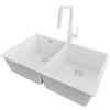 PRIMAGRAN Lavandino sottotop al Mobile 80cm + Rubinetto, 76x47cm | Set: Rubinetto BW9070 + Kit di scarico + Lavello in Granito a 2 vasche - London Twin, Tutto Bianco