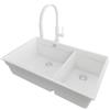 PRIMAGRAN Lavandino sottotop al Mobile 80cm + Rubinetto, 76x47cm | Set: Rubinetto BW6030 + Kit di scarico + Lavello in Granito a 2 vasche - Prague Duo Level, Tutto Bianco