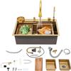 Zoobotanica Lavello a cascata, lavello da cucina in acciaio inox, 68x46 cm, 1 bacino, lavello da bar multifunzionale con rubinetto estraibile, lavabicchieri e set completo di accessori (Oro, 68x46x22 cm)