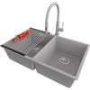 PRIMAGRAN Lavandino da Cucina al Mobile 80cm + Rubinetto, 76x47cm | Set: Rubinetto BW6030 + Kit di scarico + Scolapasta avvolgibile + Lavello in Granito a 2 vasche - London Twin Slim, Grigio