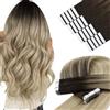 YoungSee Extension adesive in capelli veri, colore marrone, balayage, colore marrone scuro, con nastri biondi, extension per capelli Remy per donna, 35 cm, 50 g, 4/14/60