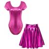 Linjinx Abito Metallico Brillante per Donna Costume da Danza A Maniche Corte Body con Paillettes Gonna Skater Vestito da Pattinatrice Spaziale Futuristico Costume Rosa Acceso XL