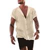 YAOBAOLE Camicia Lino Uomo Manica Corta Bottoni Collo Mao Casual Camicia Estate Leger Spiaggia Classica Tradizionale Unicolore, cachi., L