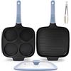 Bobikuke Set di Padelle Antiaderenti 2 Pezzi, Padella Pancake 4 Fori con Coperchio & Bistecchiera 26 x 24 cm, Manico Rimovibile, Alluminio, per Induzione e Gas - Blu