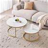 BenyLed Set di 2 Tavolini da Salotto Rotondi; Tavolino da Caffè con Piano in Ceramica Stone; Tavolini Sovrapponibili per Soggiorno,Camera da Letto,Balcone,Ufficio (Bianco/Oro) 70*70*45cm+50*50*35cm