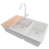 PRIMAGRAN Lavandino sottotop al Mobile 80cm + Rubinetto, 76x47cm | Set: Rubinetto BW5010 + Kit di scarico + Tagliere + Lavello in Granito a 2 vasche - Prague Duo Level, Tutto Bianco