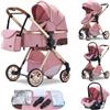 GLOKID Passeggino 3 in 1，Passeggino Canne，Trio，Portatile，Con Seggiolino Accessori，Adattatori universali，4 ruote con ammortizzatori，navicella，grandi ruote (LV9 Rosa)
