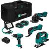 VONROC Set attrezzi a batteria VPower 20V. Include trapano, seghetto alternativo, lampada da lavoro LED, 1x batteria 2.0Ah, caricatore rapido e borsa (4 attrezzi 2x 4.0Ah)