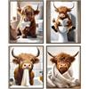 Dazzlewall 4pcs Divertenti immagini di arte della parete della mucca delle Highlands, stampe su tela rustica della mucca per l'arredamento della toilette del bagno 20x25 cm senza cornice