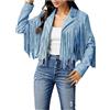 Celanisai Giacche da donna in pelle scamosciata, con frange, a maniche lunghe, con nappa, hippie, cowgirl, cowboy, costume da cowboy, stile occidentale, vintage, da motociclista, O celeste, L