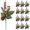 Boao 12 plettri artificiali di pino innevato, con agrifoglio, bacche rosse, pigne finte, pigne per Natale, artigianato, feste, decorazioni per la casa, 28 cm, steli flessibili