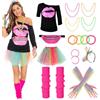 Herefun Costume Anni 80 Donna Discoteca, Vestito Anni 80 Donna con Accessori, T-Shirt Cerchietto Orecchini Collane Bracciali per Donna Festa a Tema Carnevale Cosplay