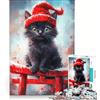 JIANGENNF Puzzle per adulti da 1000 pezzi: Gatto nero con cappello rosso, gioco rilassante, decorazione per la casa, regalo di compleanno 38x26cm