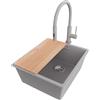PRIMAGRAN Lavandino da Cucina al Mobile 45cm + Rubinetto, 41x47cm | Set: Rubinetto BW6030 + Kit di scarico + Tagliere + Lavello in Granito a 1 Vasca - London Slim, Grigio