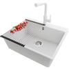 PRIMAGRAN Lavandino da Cucina al Mobile 60cm + Rubinetto, 58x50cm | Set: Rubinetto BW3010 + Kit di scarico + Scolapasta avvolgibile + Lavello in Granito a 1 Vasca - Riga, Bianco