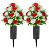 Raxfekro 2 Mazzi di Fiori Artificiali da Cimitero con Vaso, Bouquet di Rose Artificiali per la Decorazione Della Tomba del Cimitero (Red&White)