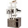 Relaxdays, tiragraffi per gatti con armadietto per la lettiera e dispenser per cibo, dimensioni 144x71x45,5 cm, pali in sisal e vaschetta, aspetto legno, color marrone chiaro