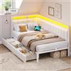 DICTAC Letto Singolo 90x200 con Cassetti e Luce LED, Letto Contenitore imbottito 90x200 con presa USB, Divano letto con Rete a Doghe,Lino Struttura Letto,Salvaspazio,Beige
