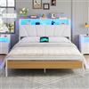 Brinlawb Letto Imbottito 140x190 cm, Struttura letto con Luce LED e Stazione di Ricarica (2 Prese CA 2 Porte USB) Letto Matrimoniale con testiera e pediera, Facile da montare, Moderno, Bianco