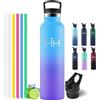 Motswedi Borraccia Termica 1 litro, con Cannuccia, Bottiglia Termica, Borraccia Acciaio Inox, 6*Cannucce, per Bevande Calde e Freddo per Campeggio, Palestra, Ciclismo, Azzurro & Viola