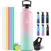 Motswedi Borraccia Termica 1 litro, con Cannuccia, Bottiglia Termica, Borraccia Acciaio Inox, 6*Cannucce, per Bevande Calde e Freddo per Campeggio, Palestra, Ciclismo, Rosa & Verde