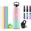 Motswedi Borraccia Termica 500 ml, con Cannuccia, Bottiglia Termica, Borraccia Acciaio Inox, 6*Cannucce, per Bevande Calde e Freddo per Campeggio, Palestra, Ciclismo, Rosa & Verde