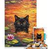 JIANGENNF Puzzle per ragazzi da 1000 pezzi: Gatto nero tra le ninfee, gioco interattivo, attività per famiglie, ottimo regalo per gli appassionati di videogiochi 38x26cm