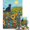 JIANGENNF Puzzle da 1000 pezzi per adulti, gatto nero in un campo di girasoli, decorazione da parete, difficile, compleanno e Natale 50x75cm