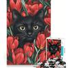 JIANGENNF Puzzle per ragazzi da 1000 pezzi: Gatto nero tra i tulipani, gioco pratico, difficile e stimolante, ama i giochi impegnativi 50x75cm