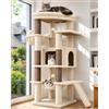 Globlazer Tiragraffi Beige Stabil con Immenso Piattaforma per 2-3 Gatti S56 | Albero Salvaspazio 143cm con Grandi Grotte, Amaca, Adatto a Soggiorno, Camera da letto appartamento, per Grand Gatti Interno