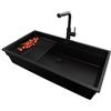 PRIMAGRAN Lavandino sottotop al Mobile 90cm + Rubinetto, 86x47cm | Set: Rubinetto BW3010 + Kit di scarico + Scolapasta avvolgibile + Lavello in Granito a 1 Vasca, Tutto Nero