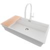 PRIMAGRAN Lavandino sottotop al Mobile 90cm + Rubinetto, 86x47cm | Set: Rubinetto BW6030 + Kit di scarico + Tagliere + Lavello in Granito a 1 Vasca - Prague 90 Level, Bianco