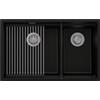 PRIMAGRAN Lavello sottotop al Mobile 80cm + Kit di scarico, 76x47cm | Set: Kit di scarico + Scolapasta avvolgibile + Lavandino in Granito a 2 vasche - Prague Duo Level, Nero
