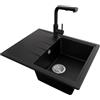 PRIMAGRAN Lavandino da Cucina al Mobile 40cm + Rubinetto, 62x50cm | Set: Rubinetto BW3010 + Kit di scarico + Lavello in Granito a 1 Vasca - Milano, Nero