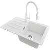 PRIMAGRAN Lavandino da Cucina al Mobile 45cm + Rubinetto, 70x44cm | Set: Rubinetto BW6030 + Kit di scarico + Lavello in Granito a 1 Vasca - Copenhagen Easy, Bianco