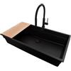 PRIMAGRAN Lavandino sottotop al Mobile 90cm + Rubinetto, 86x47cm | Set: Rubinetto BW6030 + Kit di scarico + Tagliere + Lavello in Granito a 1 Vasca - Prague 90 Level, Tutto Nero