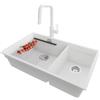 PRIMAGRAN Lavandino sottotop al Mobile 80cm + Rubinetto, 76x47cm | Set: Rubinetto BW9070 + Kit di scarico + Scolapasta avvolgibile + Lavello in Granito a 2 vasche - Prague Duo Level, Bianco
